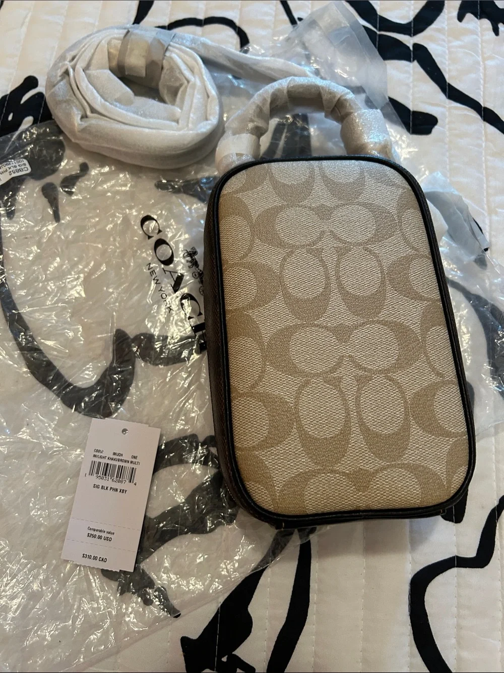 Coach Beige Signature Canvas Phone Crossbody with Chalk Trim